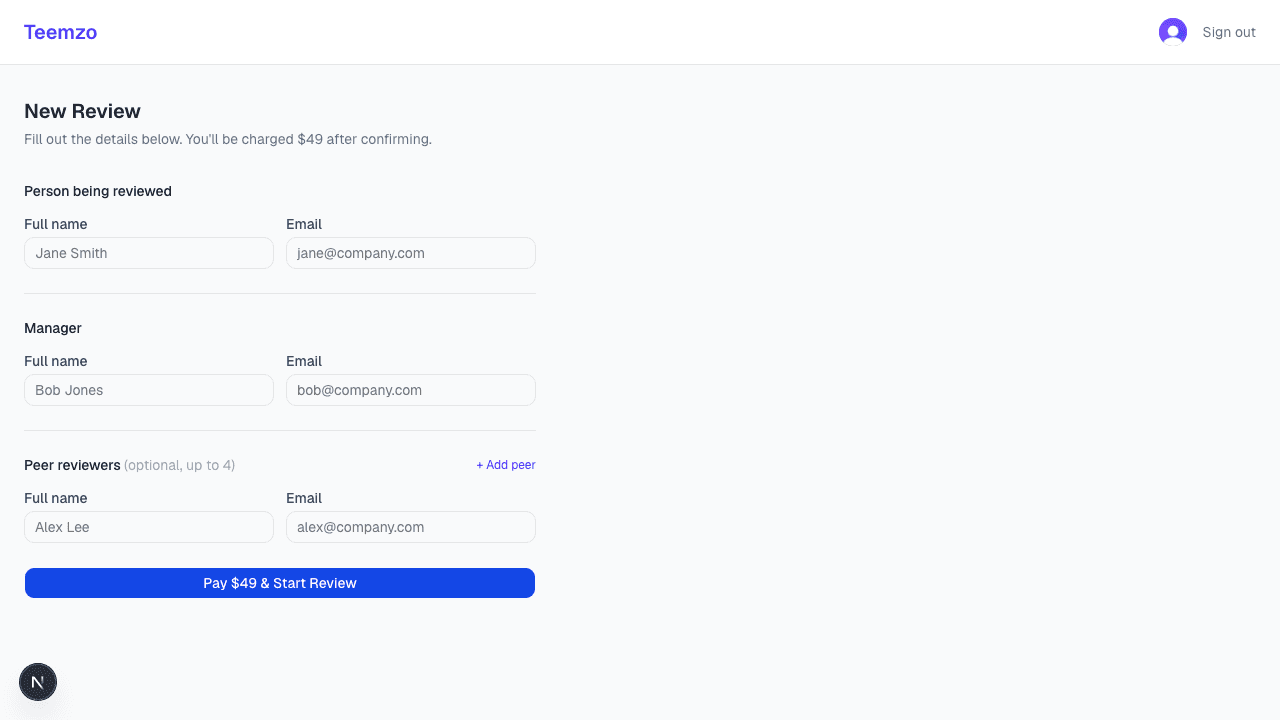 Teemzo new review form — add the person, manager, and peers