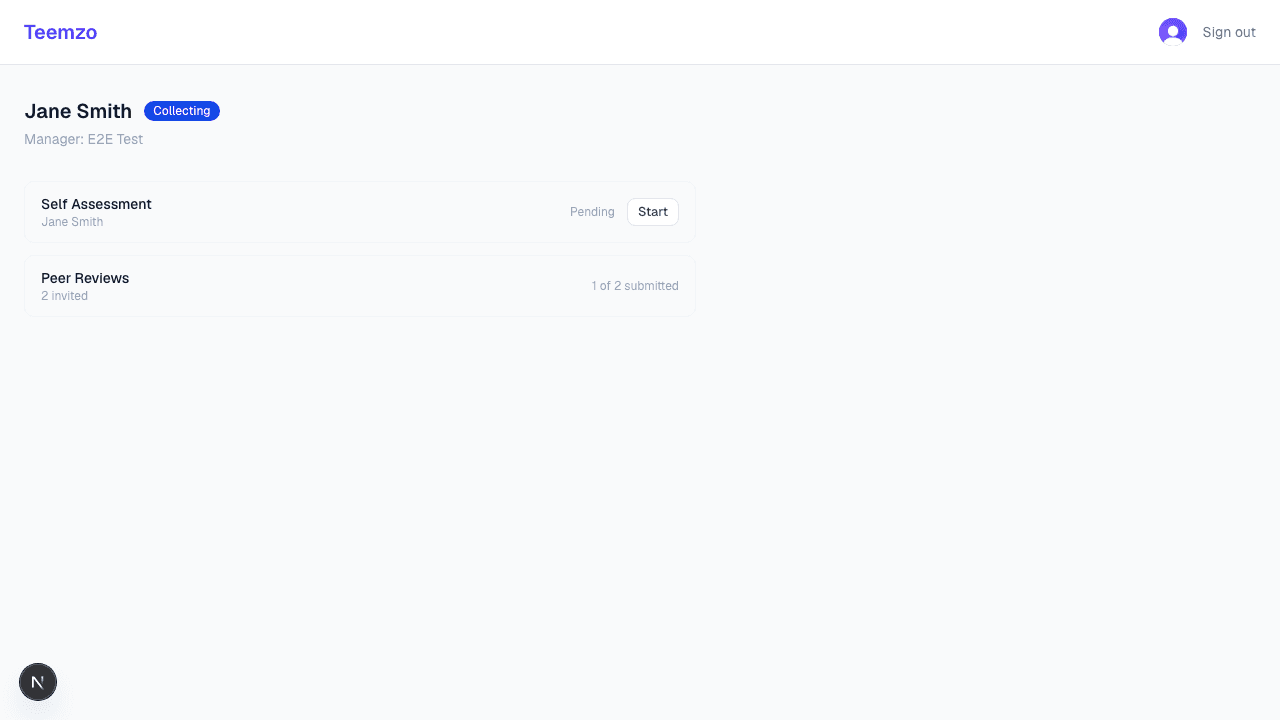 Teemzo review detail — self assessment, peer review, and manager review steps